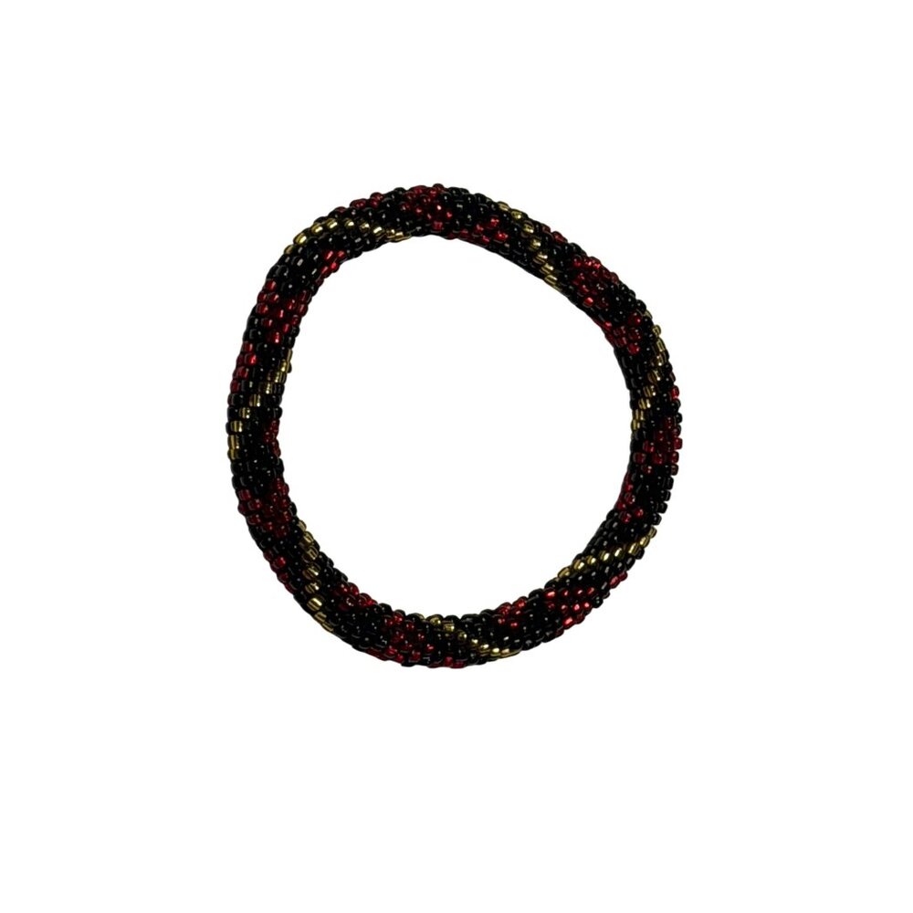 Sashka Bracelet Handmade Bohemian Chic Crochet Beaded‎ Roll-On Red Black Gold 3"